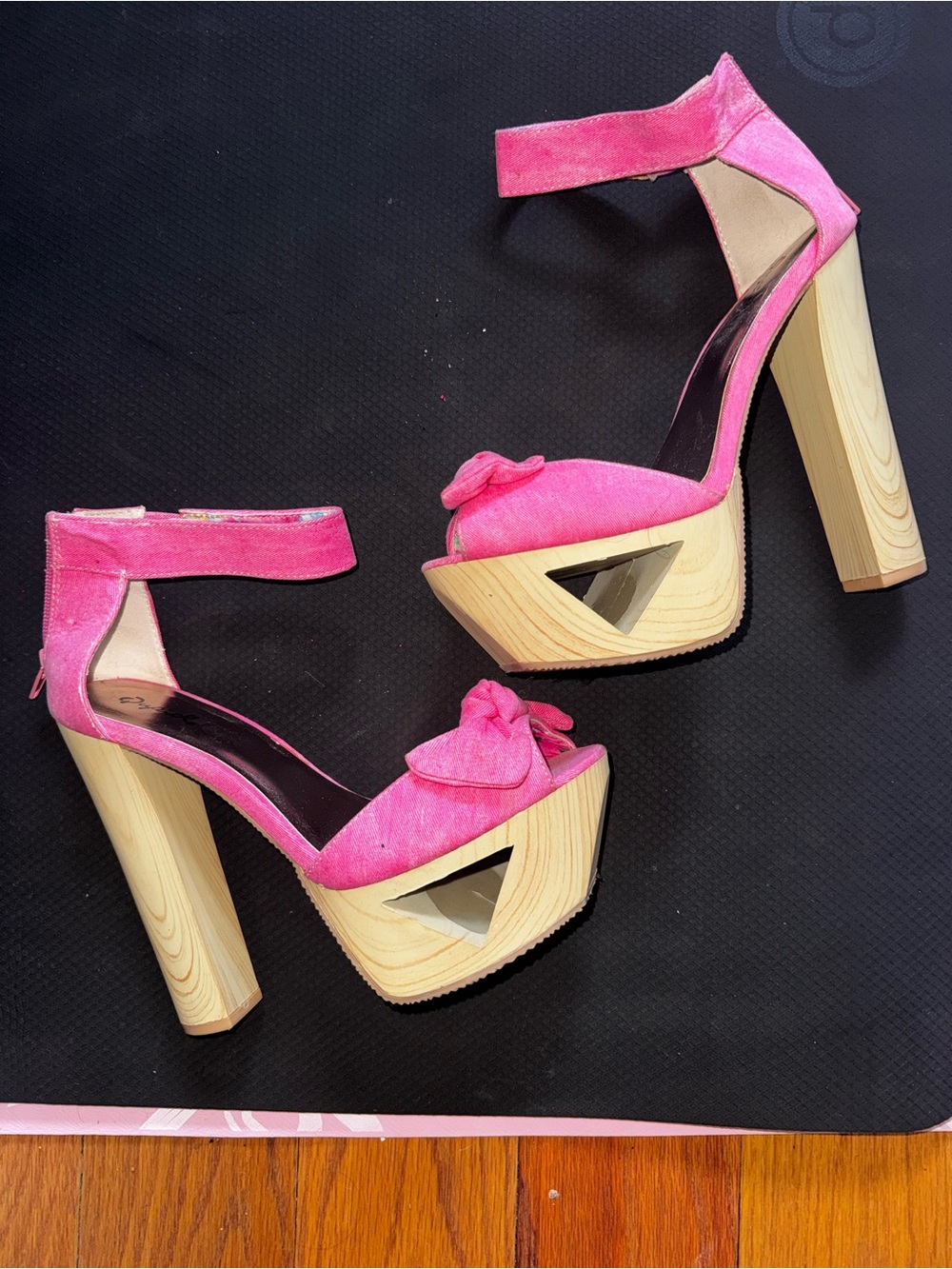 Qupid Hot Pink Suede Platform Sandals with Wood-Look Block Heel